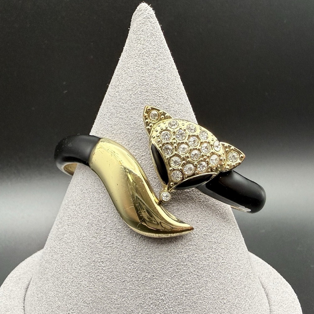 Vtg Black Enamel Pavé Crystal Rhinestone Hinged Cuff Gold Tone Fox Head Bracelet